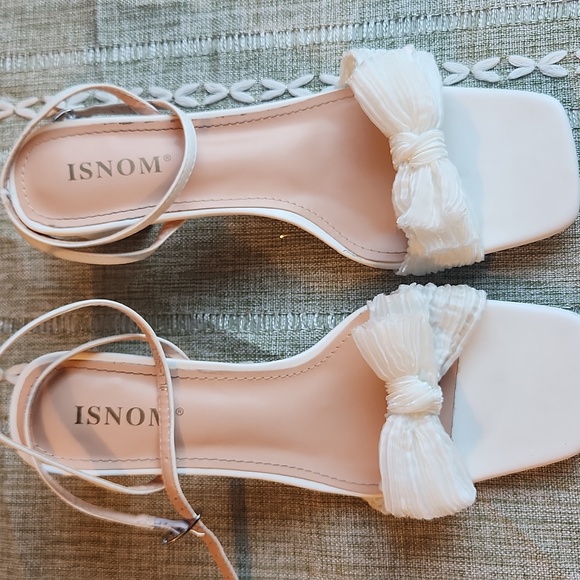 White Bow Knot Chunky Block Heeled Ankle Sandals, Open Toe, 10 - Picture 6 of 16